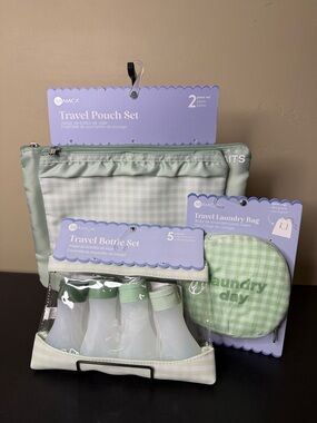 Miamica | Mint Gingham Green Travel Zip Bags, Bottle Set w/ Laundry Bag  (8)
